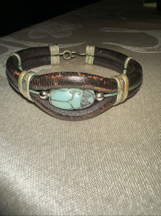 Other - 1970s Egyptian Leather Brass Scarab Turquoise Clay Vintage Bracelet